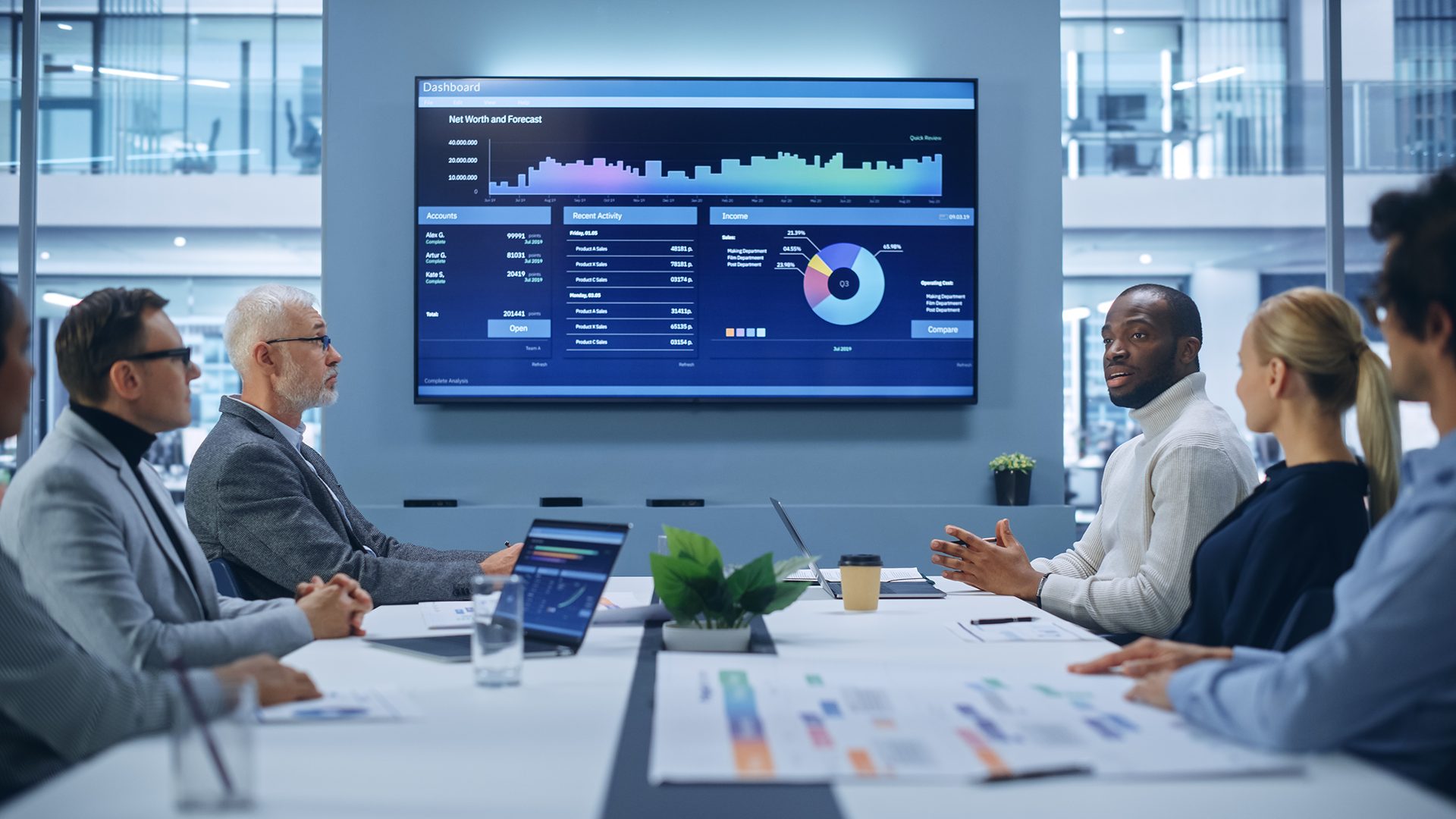 Employees sitting in a boardroom looking using a large screen for data driven decision making
