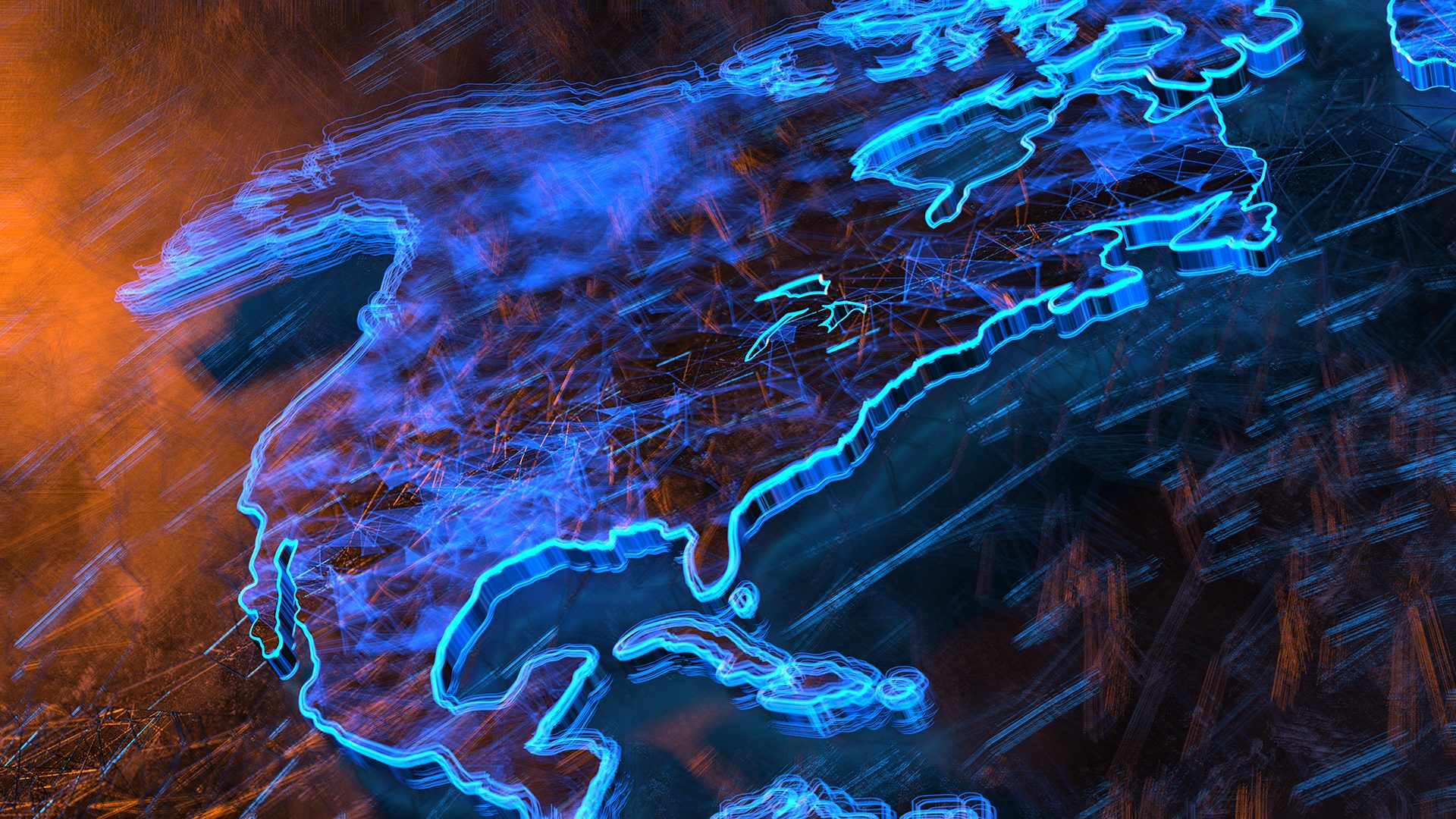 visualization of data expanding across the united states blue and orange neon