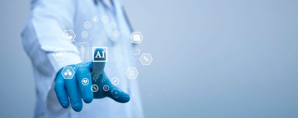 Healthcare with the use of a generative AI person's finger in a glove touching a screen with AI symbols on it.