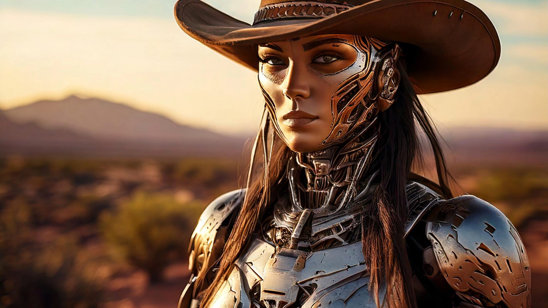 Humanoid Female Robot in a cowboy hat with Western landscape in the background