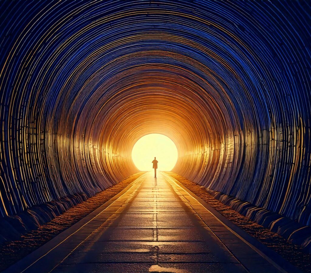 A Man walking down a tunnel toward a light at the end of it