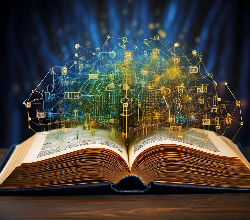 A book with a fictional language displaying a code of ethics for AI