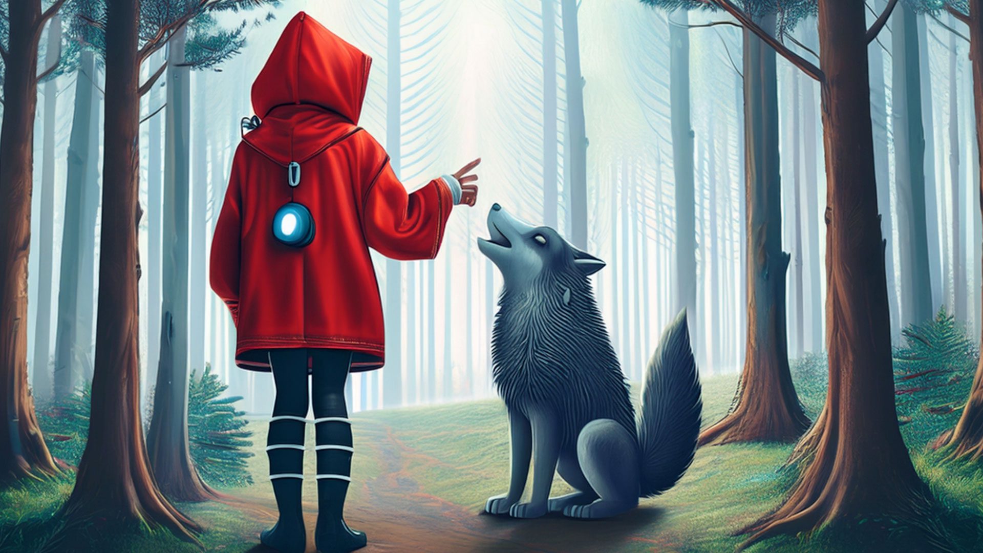 Red Riding Hood in a futuristic style hood with a wolf sitting next to her