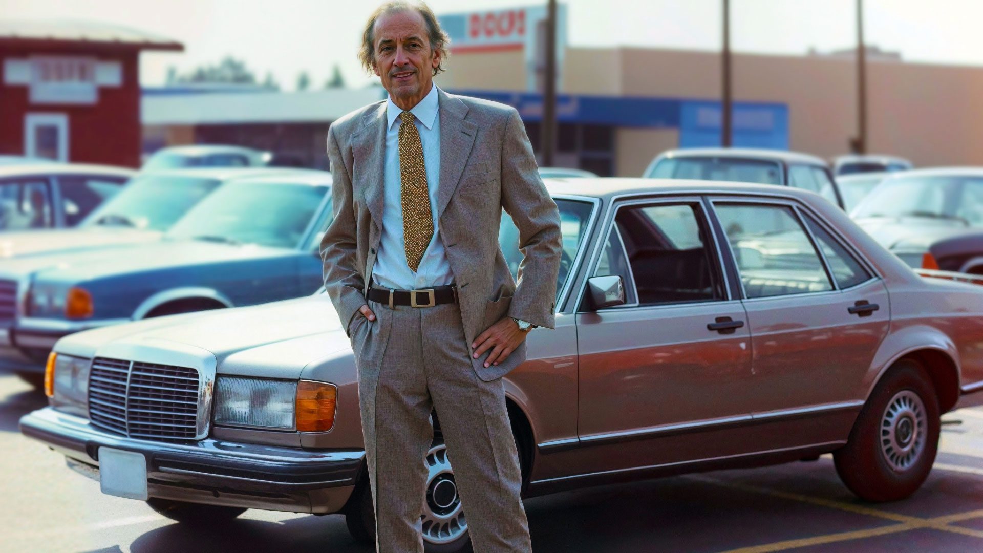 Man in a suit with a tie in front of an older style car.
