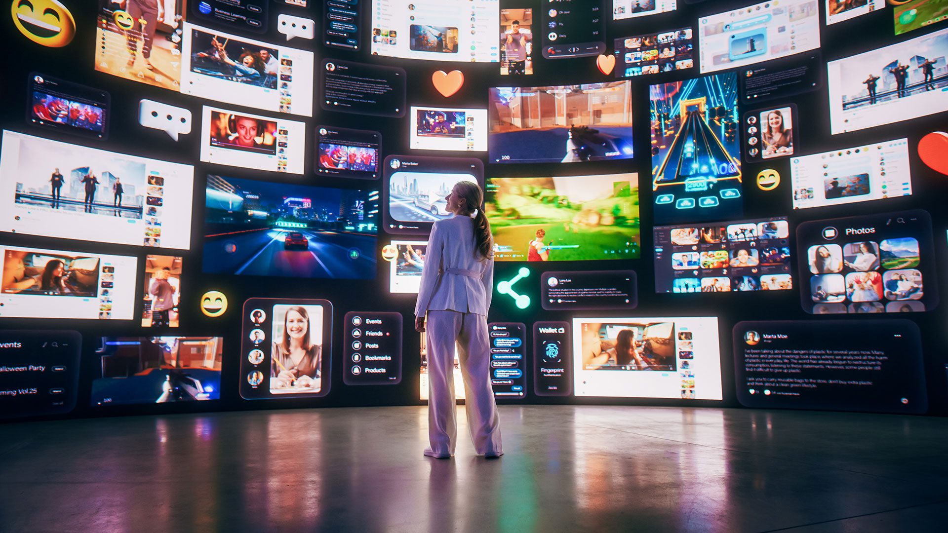 Woman looking at a wall of various social media posts, videos, streams, and emoticons