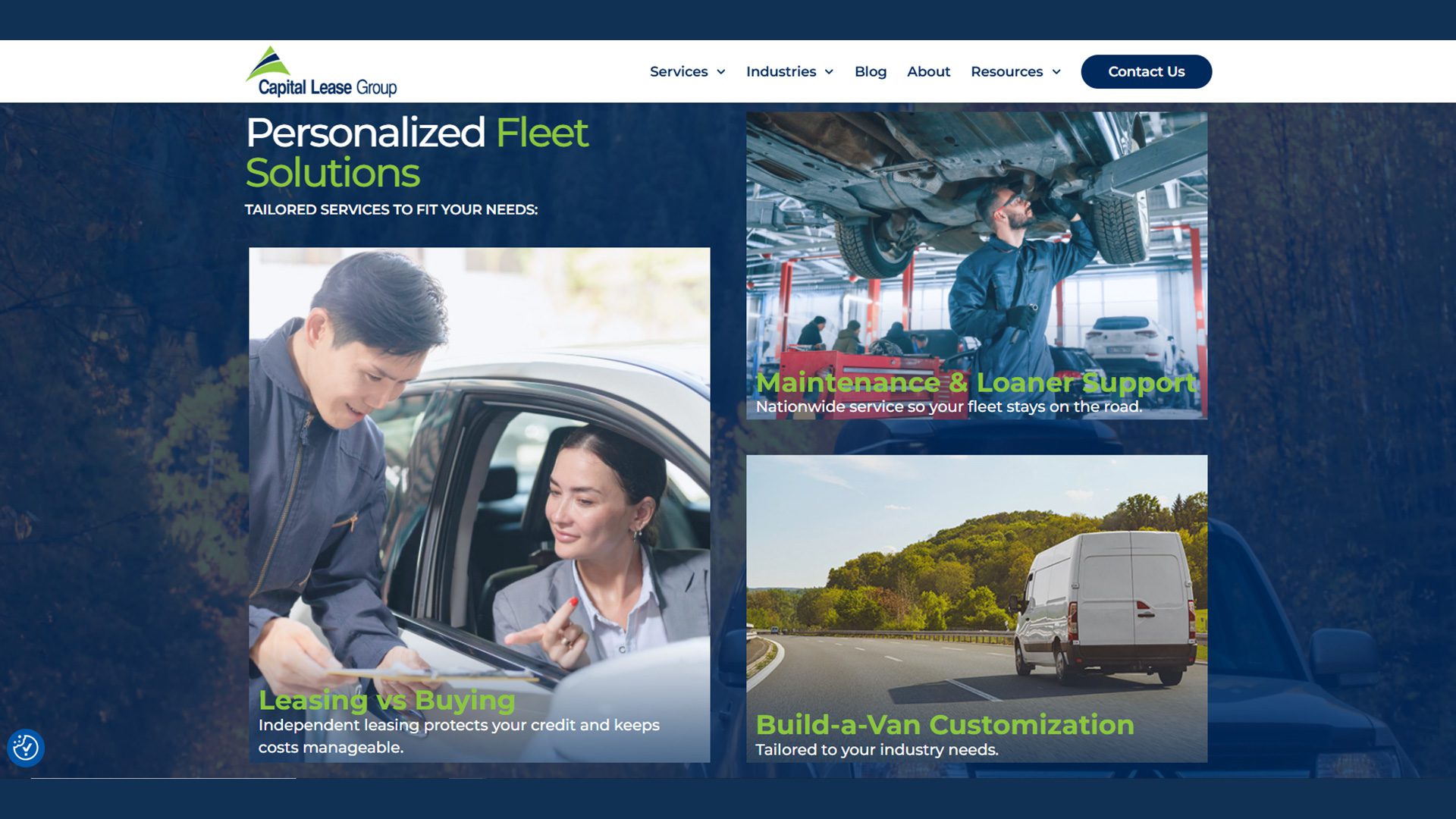 The capital lease website with different sections and images for personalized fleet solutions and tailored services to fir your needs