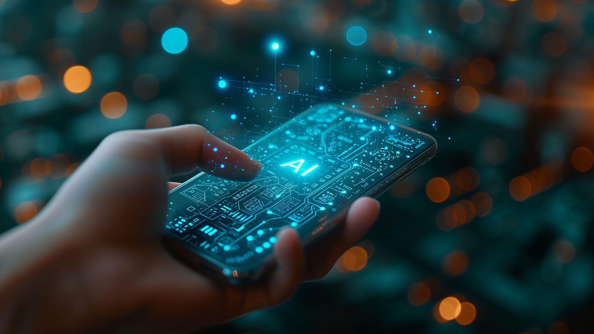 Phone being held in the air with the words AI and light and power radiating from the phone