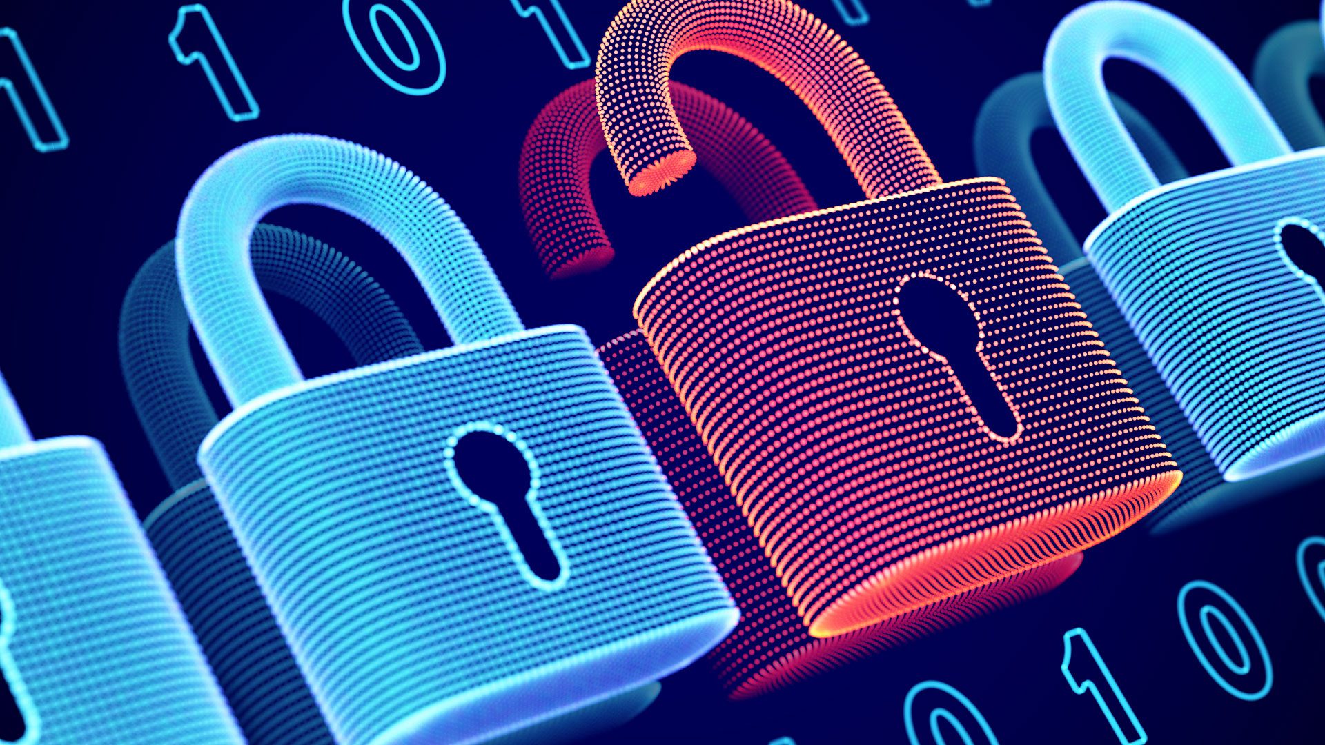 Digital Locks with blue colored closed ones and red colored open ones with binary numbers scrolling in the background.