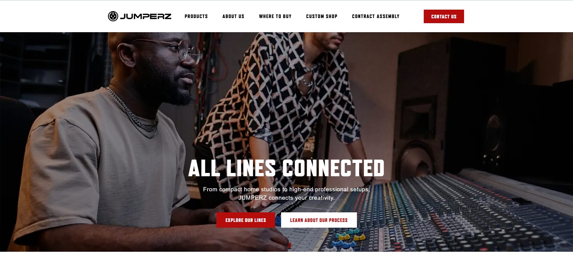 Screenshot of https://jumperzaudio.com homepage featuring all lines connected, additional calls to action, and music studio hero banner